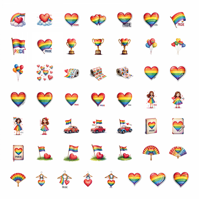 50pcs Colorful Heart Pride Month Stickers Rainbow Element Stationery Decals Water Bottle Laptop Phone Notebook Skateboard Sticker Set