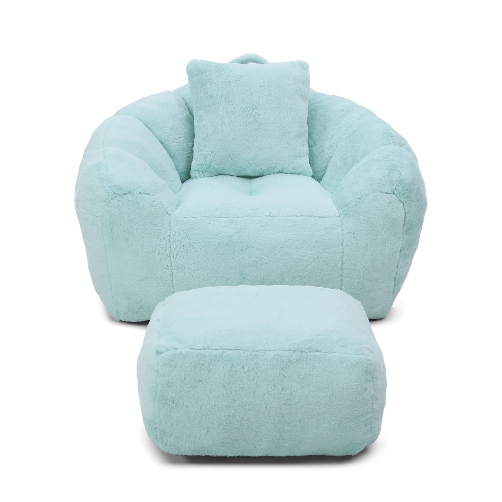 Giant Oversized Bean Bag Chair with Footstool - Faux Fur Shell-Shaped, Pre-Filled for Adults & Kids, Floor Sofa for Gaming, Reading, Living Room & Bedroom