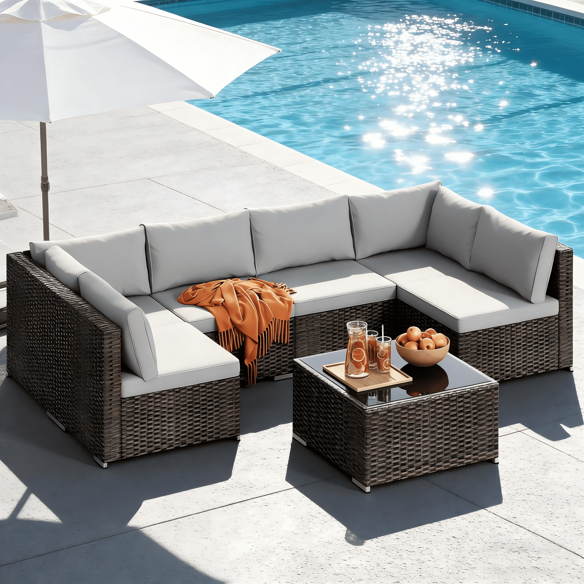 Lofka 7-Piece PE Rattan Patio Furniture Set, All-Weather Outdoor Sectional Sofa with Glass Coffee Table & Waterproof Gray Cushions, Modular Wicker Conversation Set for Backyard, Garden, Poolside