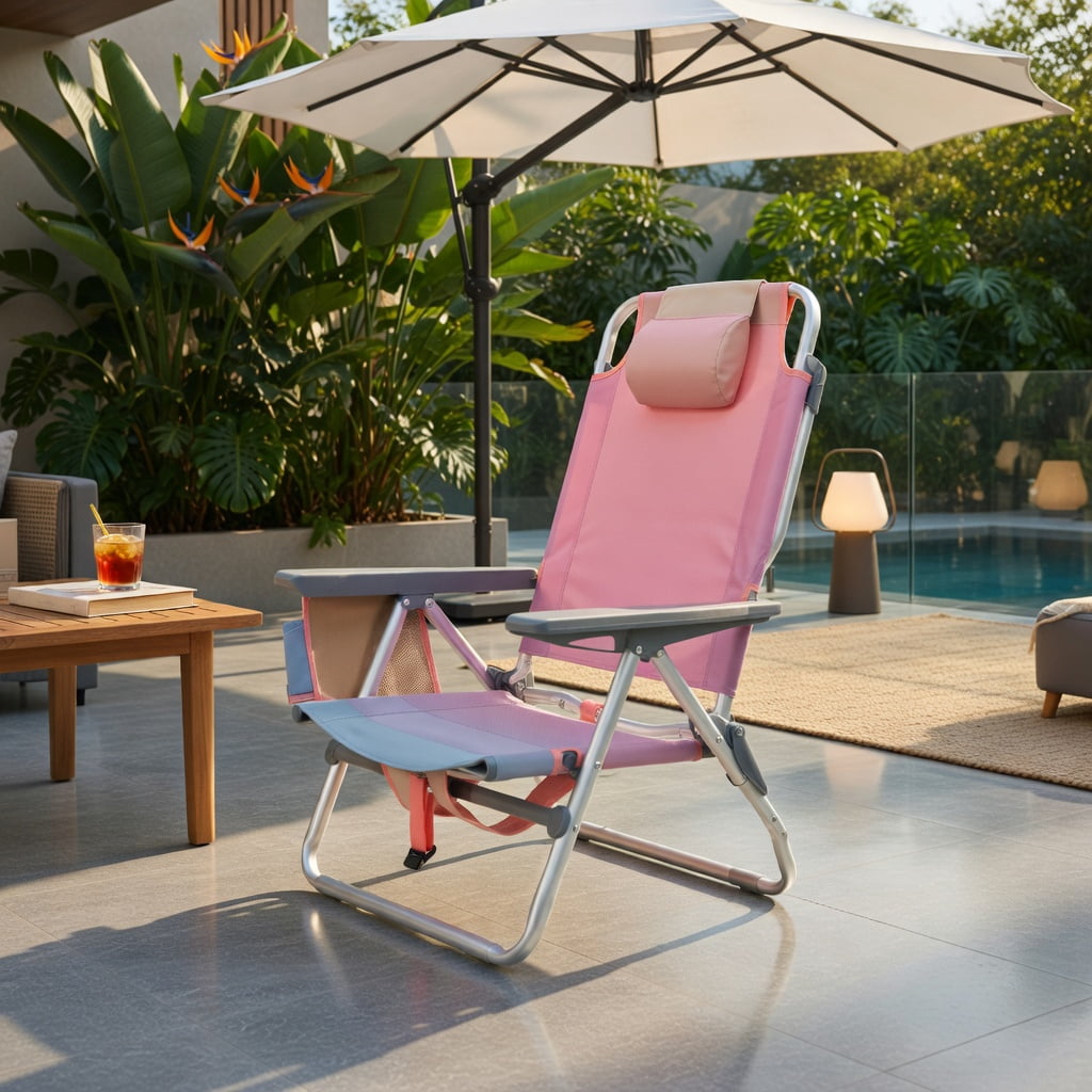 Hommoo 2-Pack Portable Beach Chairs with 5-Position Recline, Padded Headrest & Insulated Cooler Bag, Gradient Pink