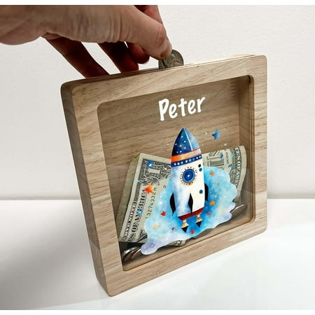 Personalized Money Box Name Savings Piggy Bank Rocket Ship Space Design Custom Crafted Keepsake Wooden Coin Bank for Girls, Kids, Nursery Room Decor Gift - Teach Savings in Style! Made in America