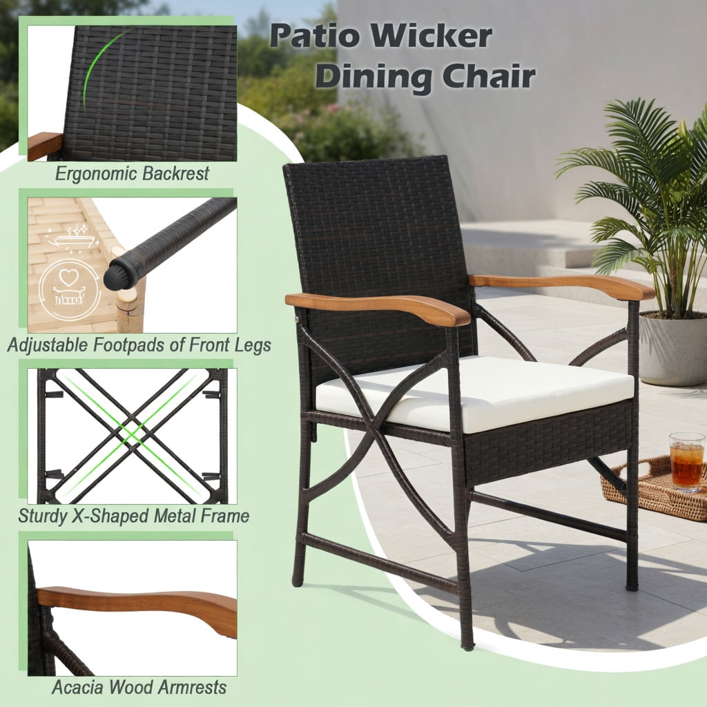 Hommoo Set of 4 Wicker Patio Chairs with Off-White Zippered Cushions, PE Rattan & Acacia Wood Outdoor Seating for Backyard, Poolside & Porch, Brown