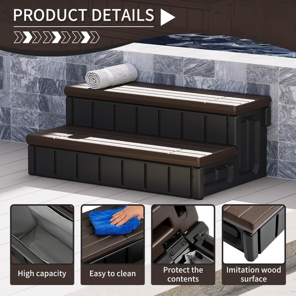 Universal Spa Hot Tub Step with Storage Outdoor Indoor Compartment Spa 2-Step Stool Pool Ladder Plastic Handi Step Slip Resistant Striped Brown+Black