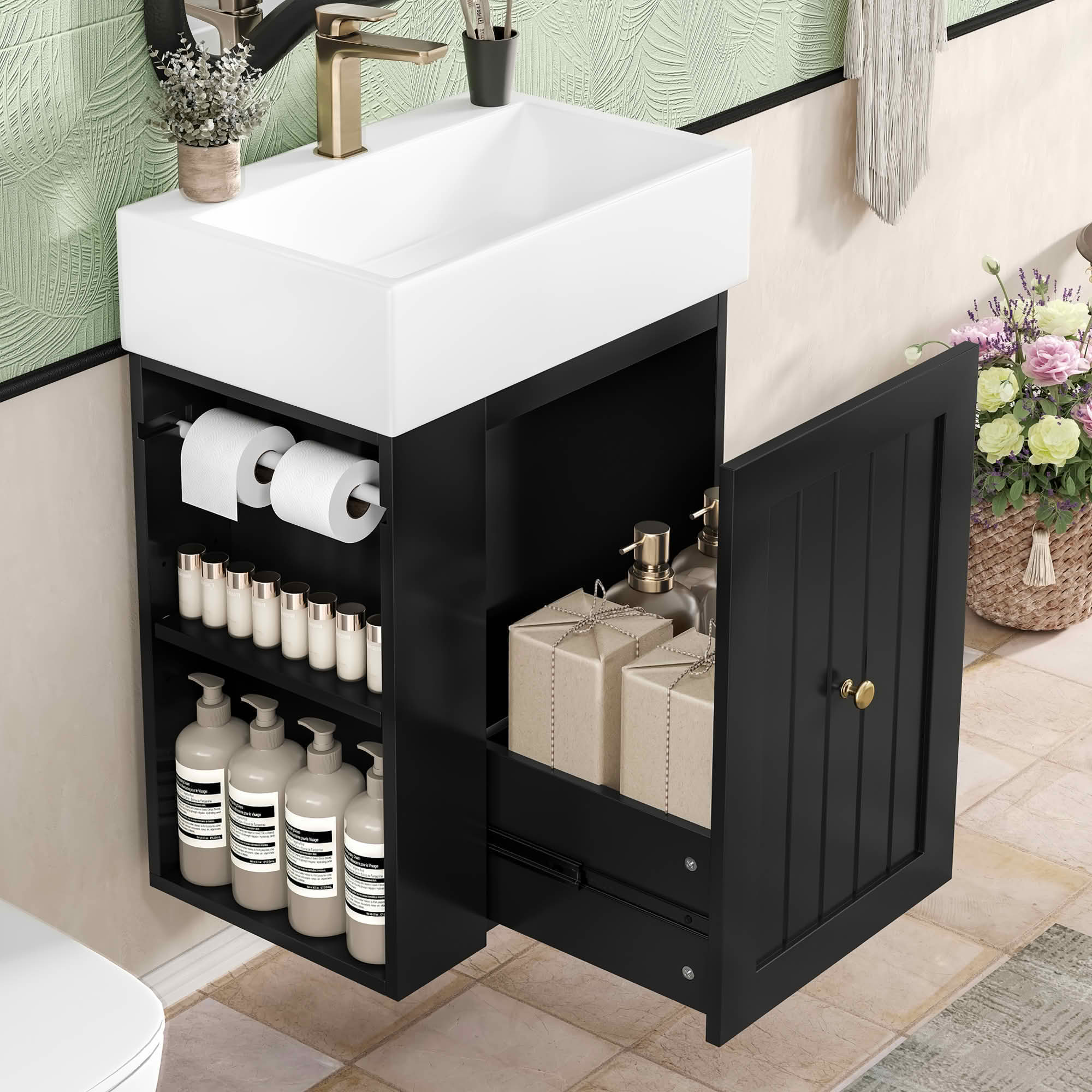 MAYEERTY 20" Bathroom Vanity Ceramic Sink MDF Storage Drawer Side Shelf Golden Handle Small Bathroom