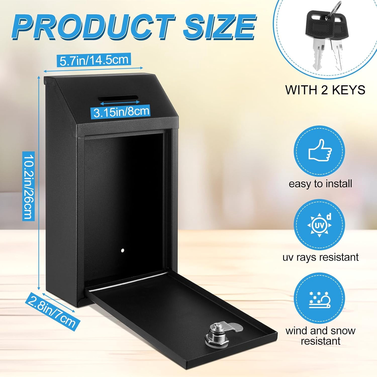 Metal Money Drop Donation Cash Box for Farm Stand Collection Safe Suggestion with Lock Wall Mounted Mailbox Container Home Office Outdoor(Black,10.24 x 5.71 2.95 Inch)
