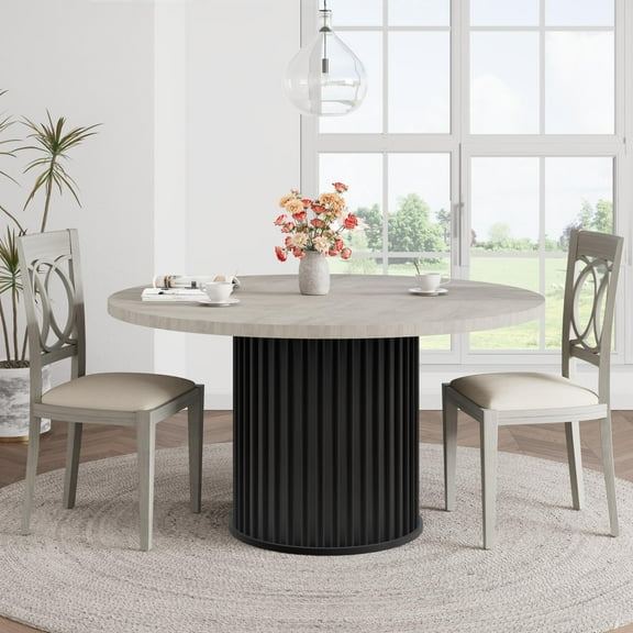 47Inch Round Dining Table for 4-6 People, Black Dining Room Table with Sturdy Waveform Metal Pedestal Base, Industrial Circle Kitchen Table for Dining Room