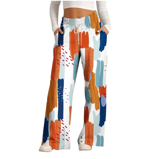 Pants for Women, Womens Fashionable Striped Printed Drawstring Wide Leg Pants