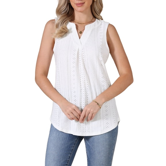 Summer Tank Top for Women Eyelet Embroidery Sleeveless V Neck Loose Fit Shirt Casual Work Clothes S White