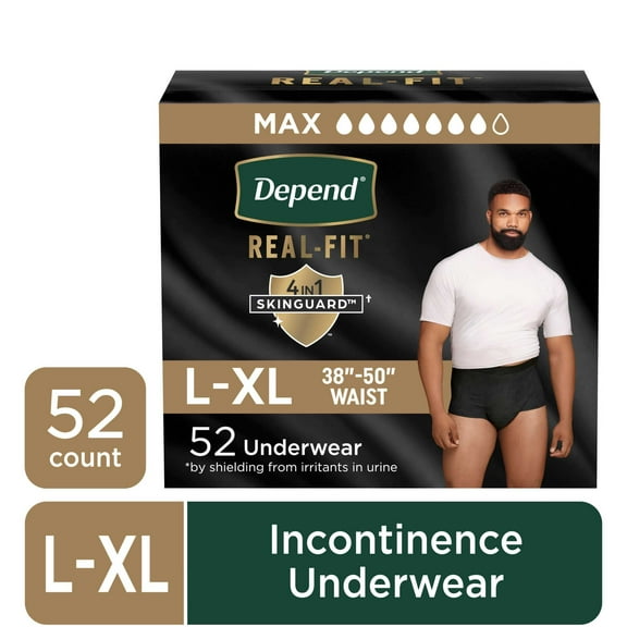 Depend Real Fit Incontinence Underwear for Men, Adult Diapers, L/XL, Black, 52 Count