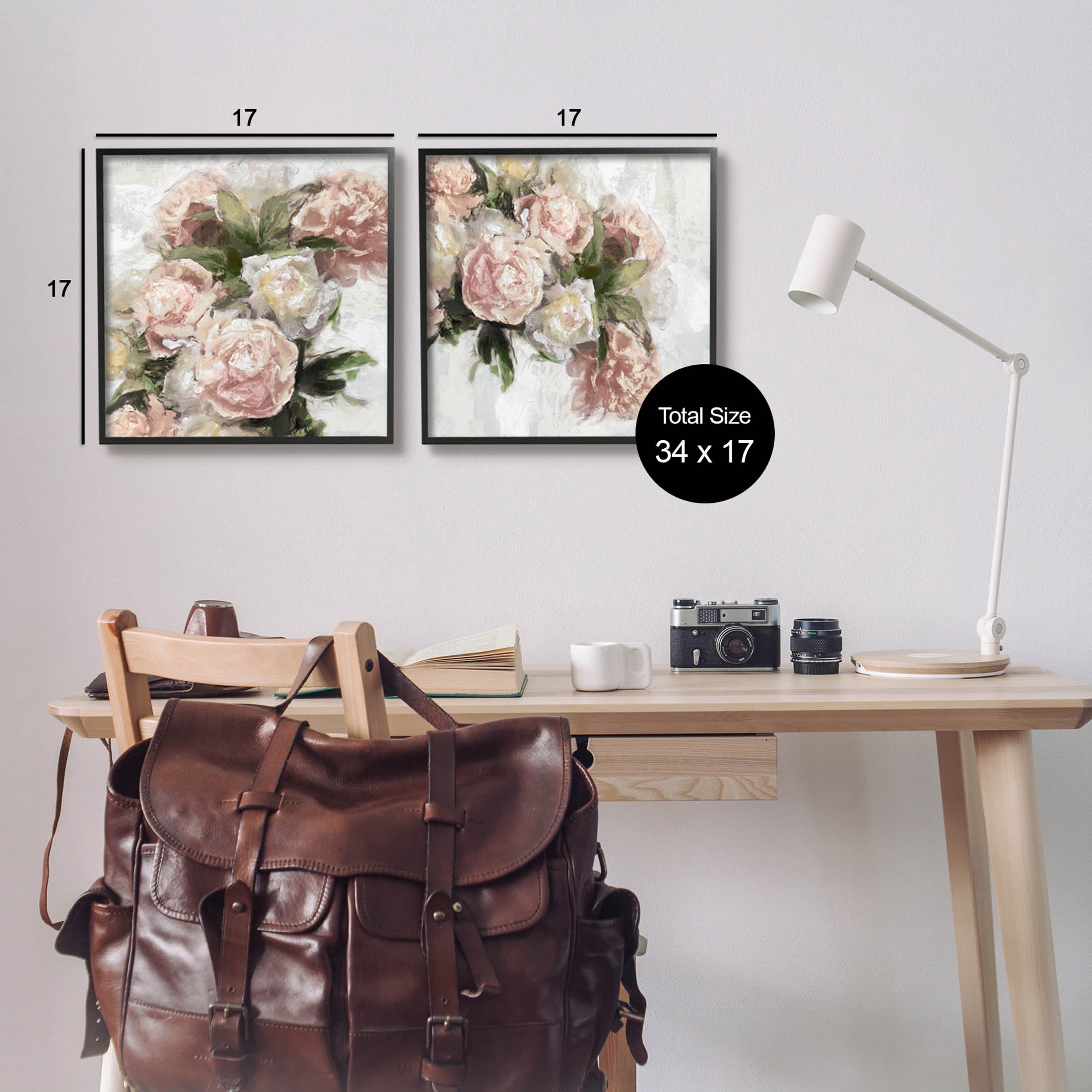 Traditional Peony Blossoms Arrangement Botanical & Floral Graphic Art Black Framed Art Print Wall Art, Set of 2