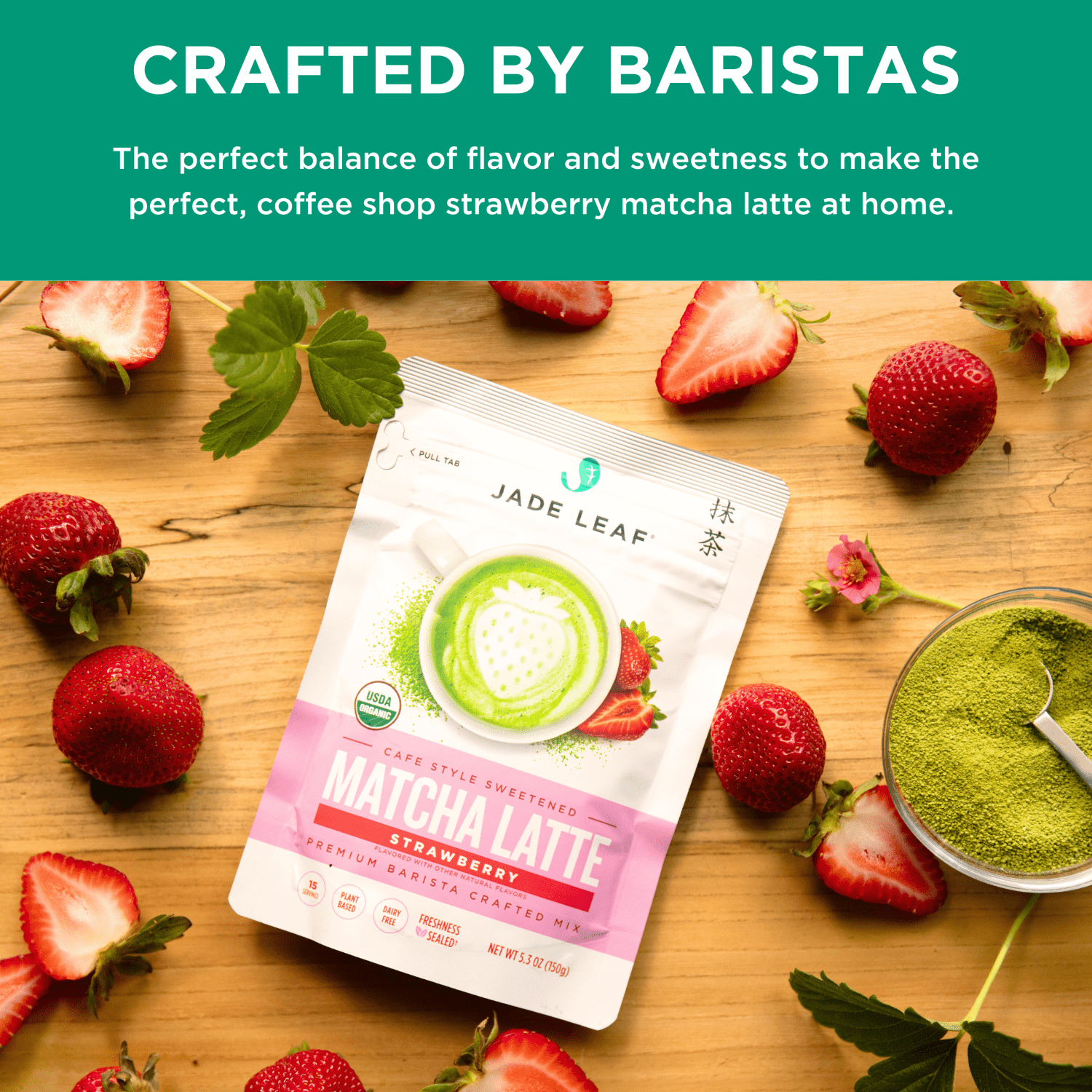 (3 pack) Jade Leaf Organic Matcha Latte Mix, Strawberry, Dairy-Free, 5.3 oz Pouch