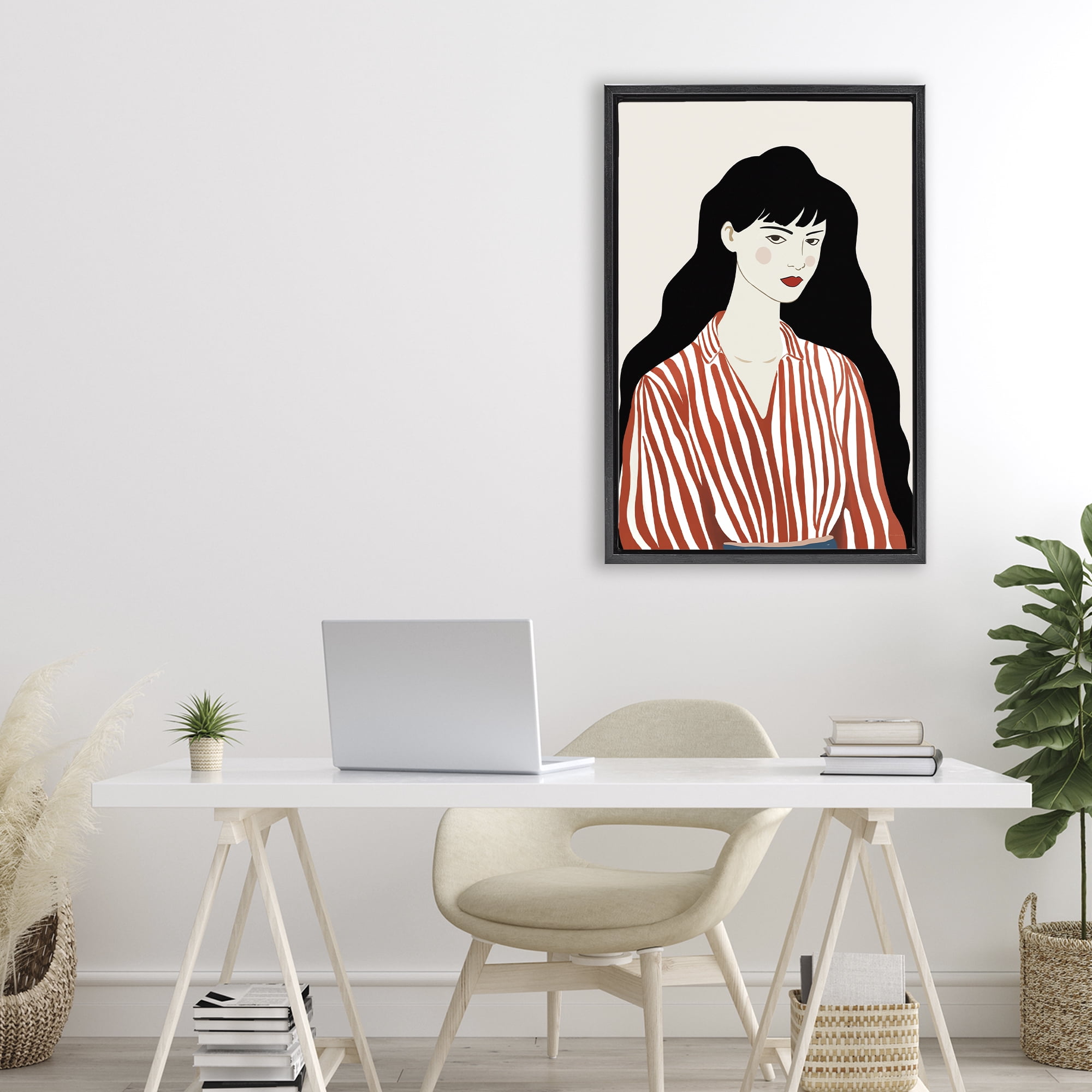 Stupell Industries Woman in Striped Blouse Black Framed Floater Canvas Wall Art, design by Omar Escalante