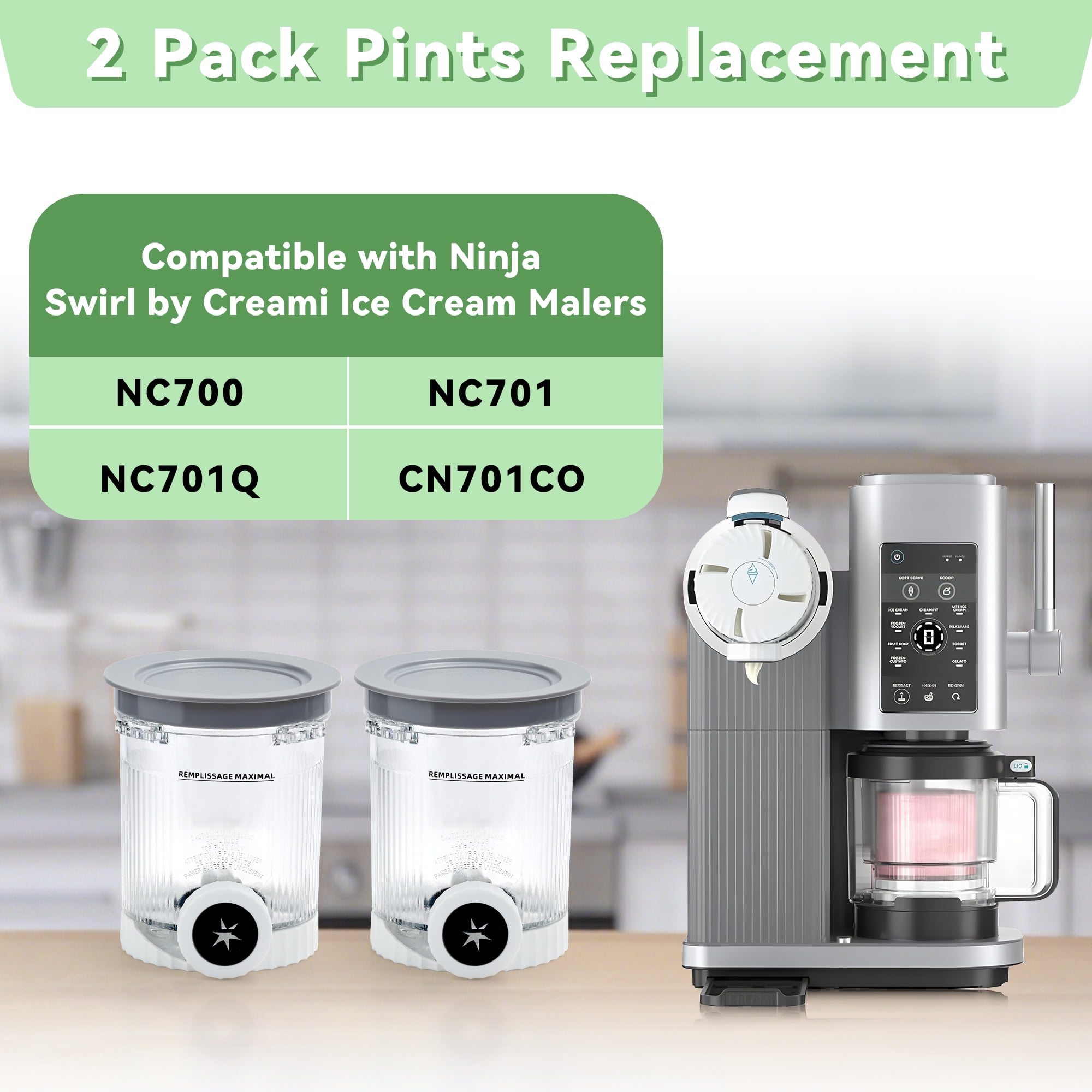Replacement Containers 2-Pack Compatible with Ninja Swirl by CREAMi Ice Cream Soft Serve Maker NC701, Accessories for NinjaNC700 Series Ice Cream Maker，BPA-Free & Dishwasher Safe，Grey Lids