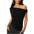 thumbnail image 3 of HOMBOM Off Shoulder Tops for Women 2025 Black Cutout Pleated V-Neck Sleeveless Solid Color Tee Shirt, 3 of 6