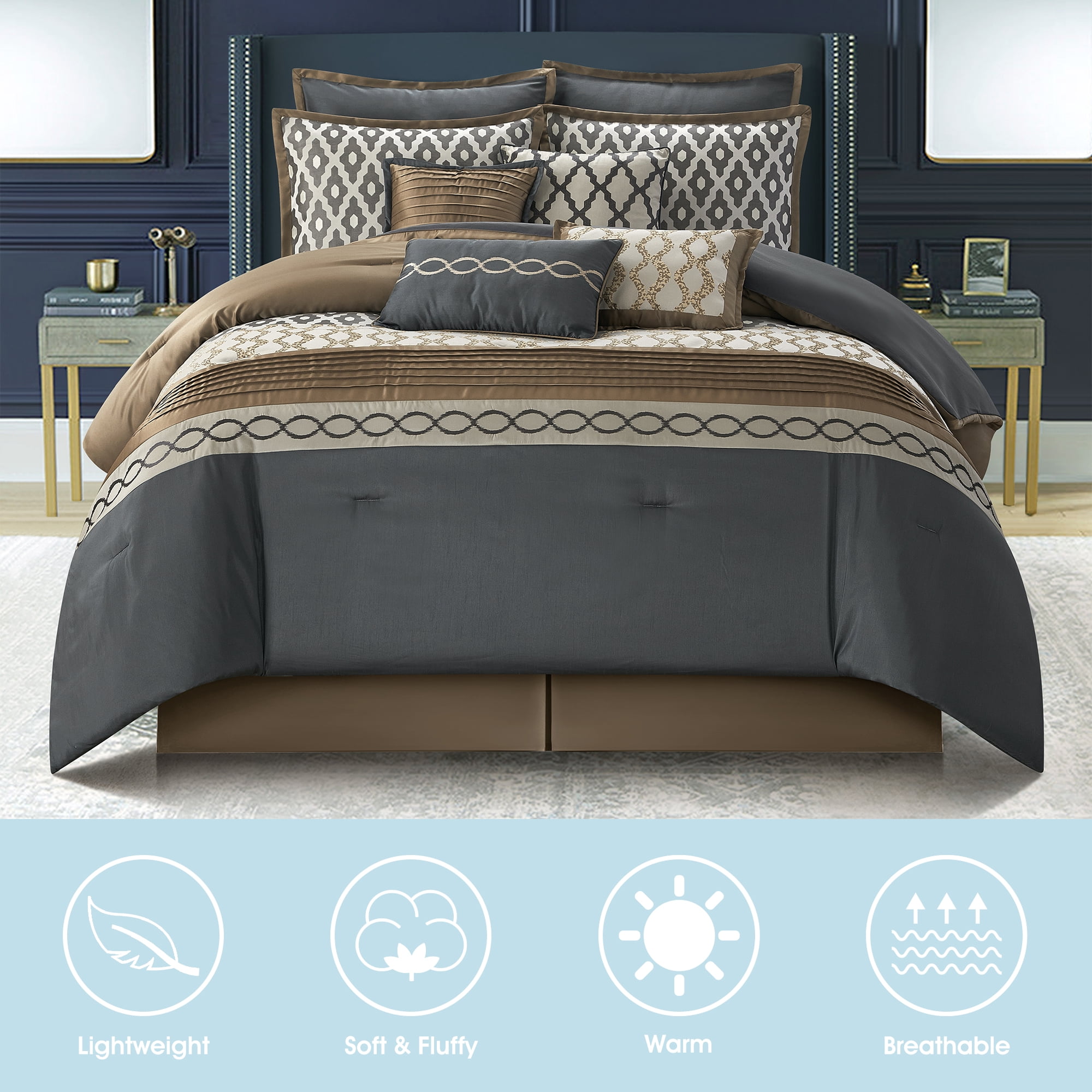 Lanco Geometirc Queen Size Comforter Set , 10 Piece , Jacquard Home Decor , Premium Lightweight Microfiber
