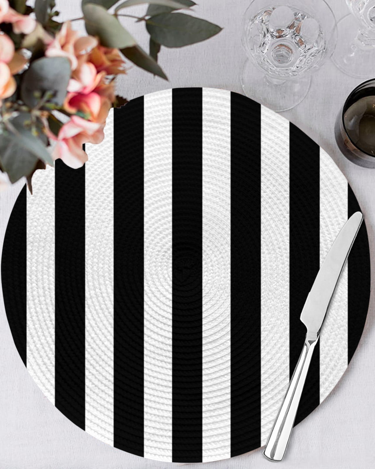 Black and White Striped Pattern Round Table Placemats set of 4, Minimalist Washable Woven Place Mats for Dining Tables Kitchen Party Decor,Heat Proof, 13in,