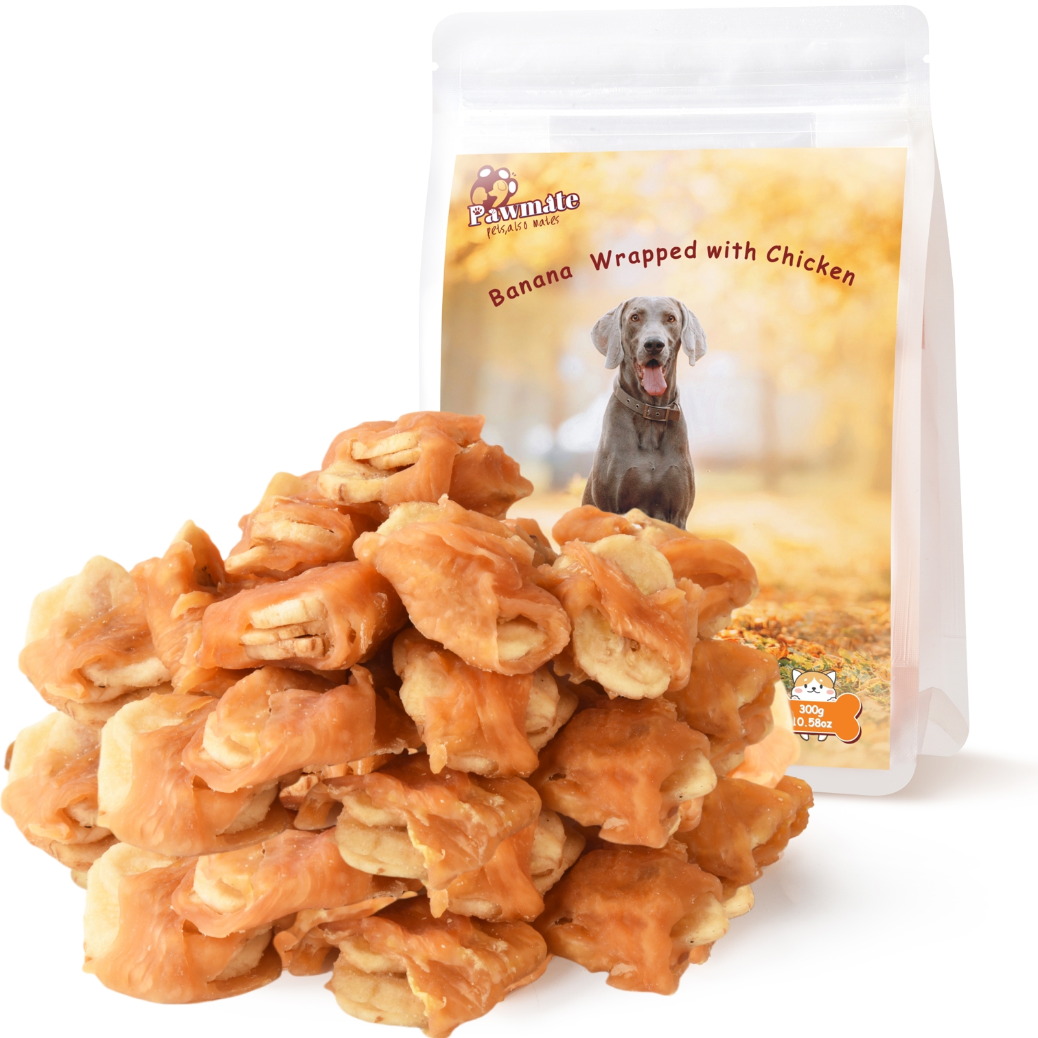 Pawmate Promote Digestion Natural Dog Treats, Chicken Jerky Wrapped Bananas for All Dogs, 18-19ct Bag, 11 oz