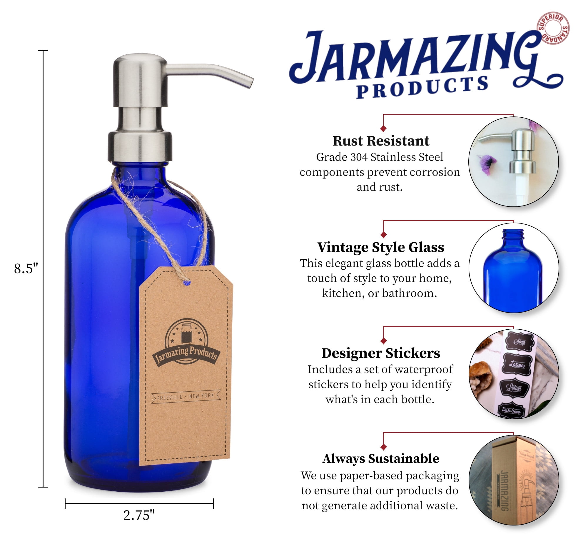 Cobalt Blue Glass Pint Jar Soap and Lotion Dispenser with Stainless Steel Metal Pump - 2 Pack