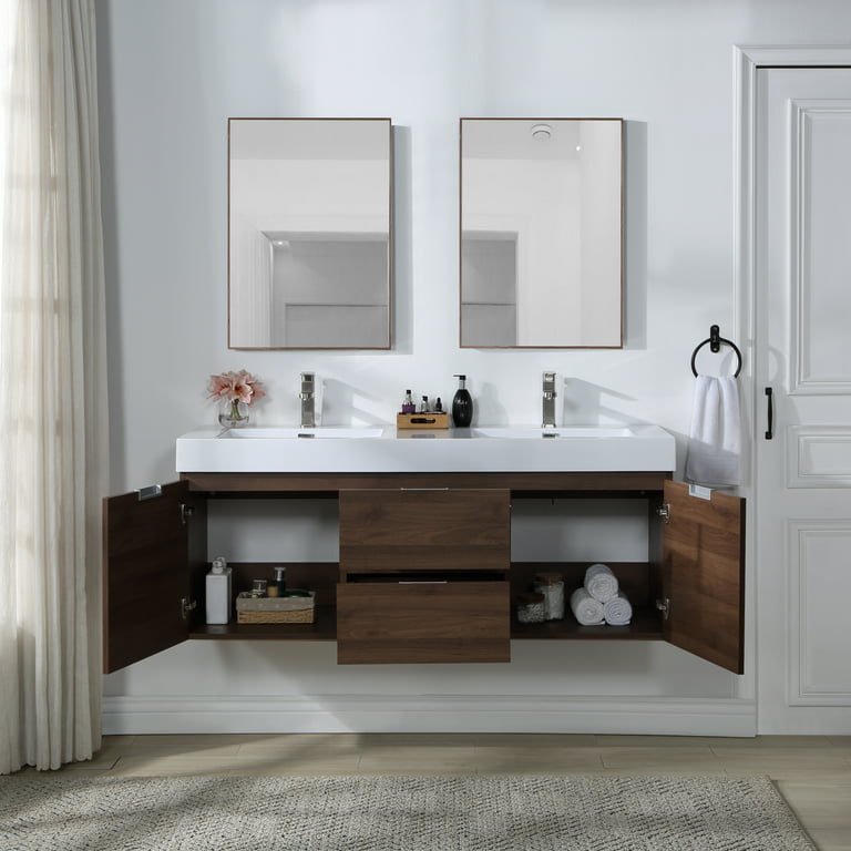 Stufurhome Valeria Walnut 59 inch Wall Mounted Double Sink Bathroom Vanity,  No Mirror 
