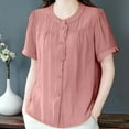 thumbnail image 5 of Women's Linen Button down Shirts Summer Casual Crew Neck Short Sleeve Cotton Tops Retro Solid Color Blouses (4XL, Pink), 5 of 5