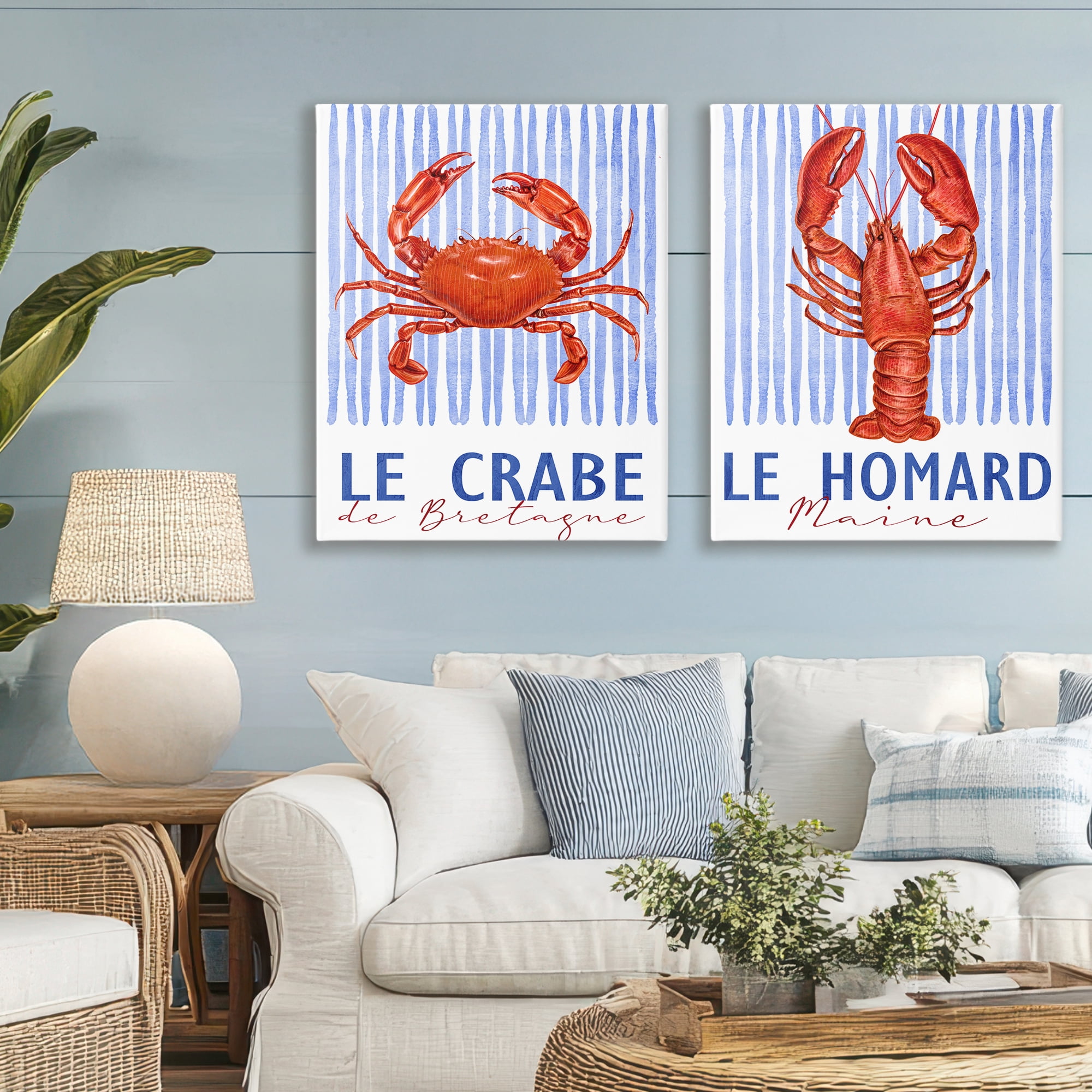 Stupell Industries Nautical Stripes Sea Creatures 2 Piece Canvas Wall Art Set, design by Kim Allen