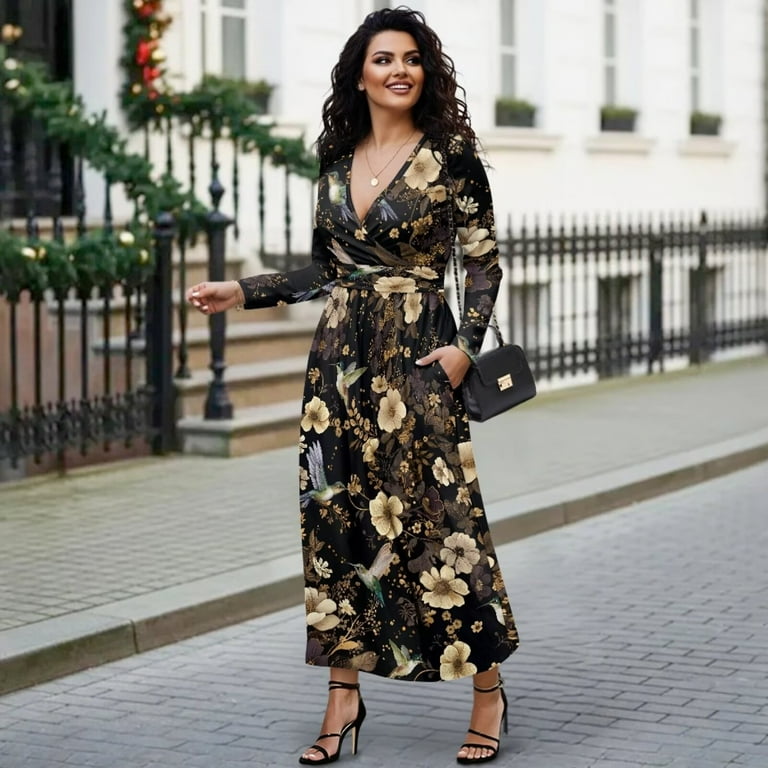 hummingbird maxi dress Fkelyi Hummingbird Retro Flower Print Womens Fall Dress with Pockets V Neck Long Sleeve Maxi Dress for Wedding Guest A-Line Flowy Party Dressess, 2XL,