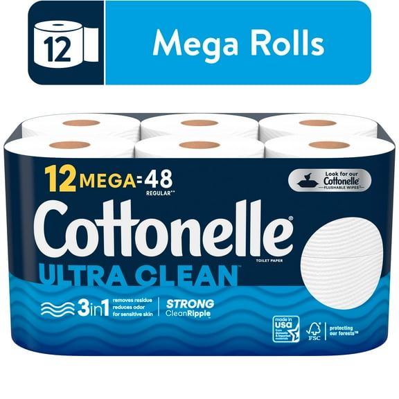 Cottonelle Ultra Clean Toilet Paper, 12 Mega Rolls, 312 Sheets Per Roll (3,744 Total)