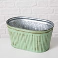 thumbnail image 6 of French Country Style Oblong Cache Pot Planters, Set of 3, Distressed Pale Green Finish with Terracotta Undertones, Galvanized Zinc, Corrugated Details, 10.5, 9, and 7.5 Inches Long, 6 of 7