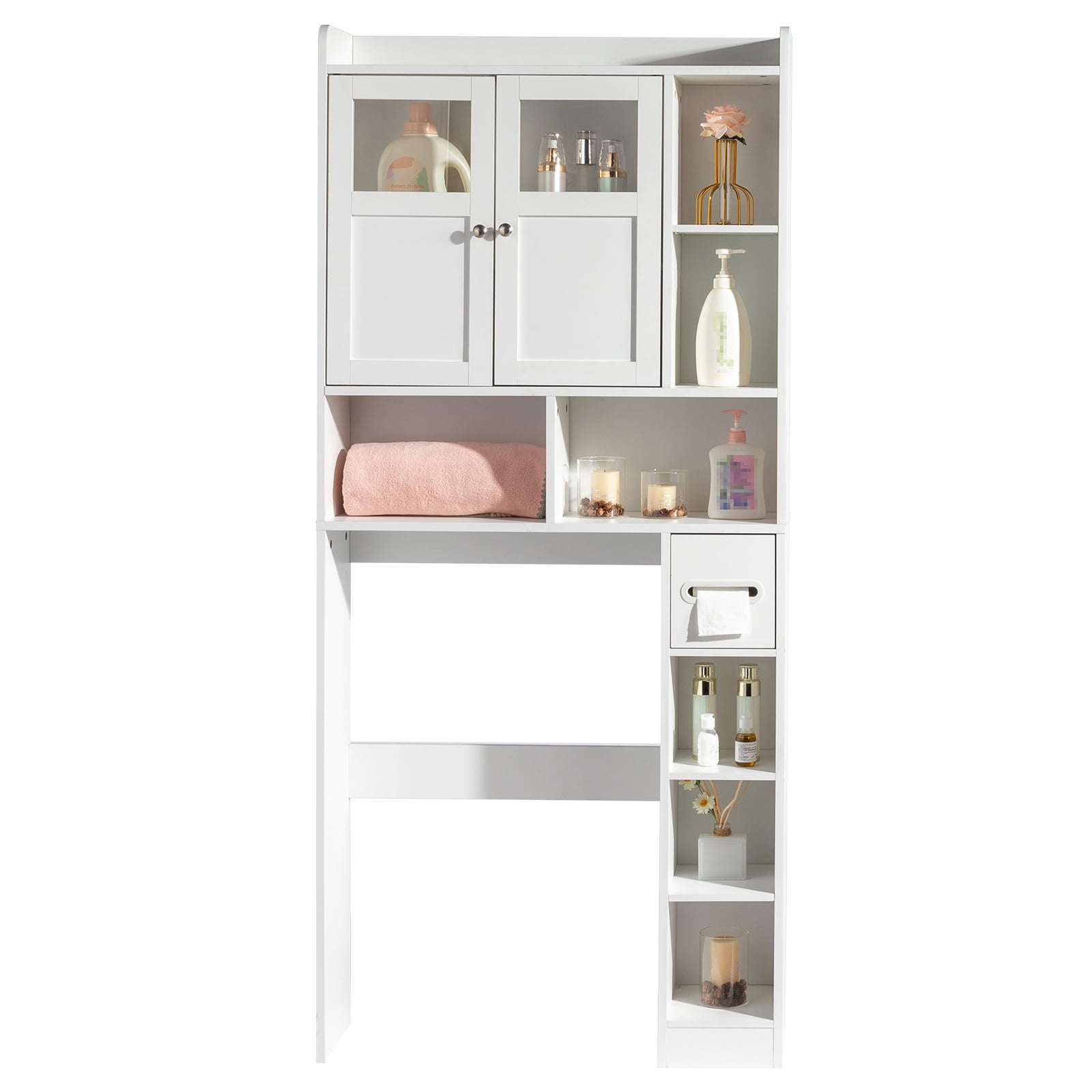 2 Door Bathroom Cabinet, Adjustable Panels, 1 Drawer and 3 Side Shelves, White