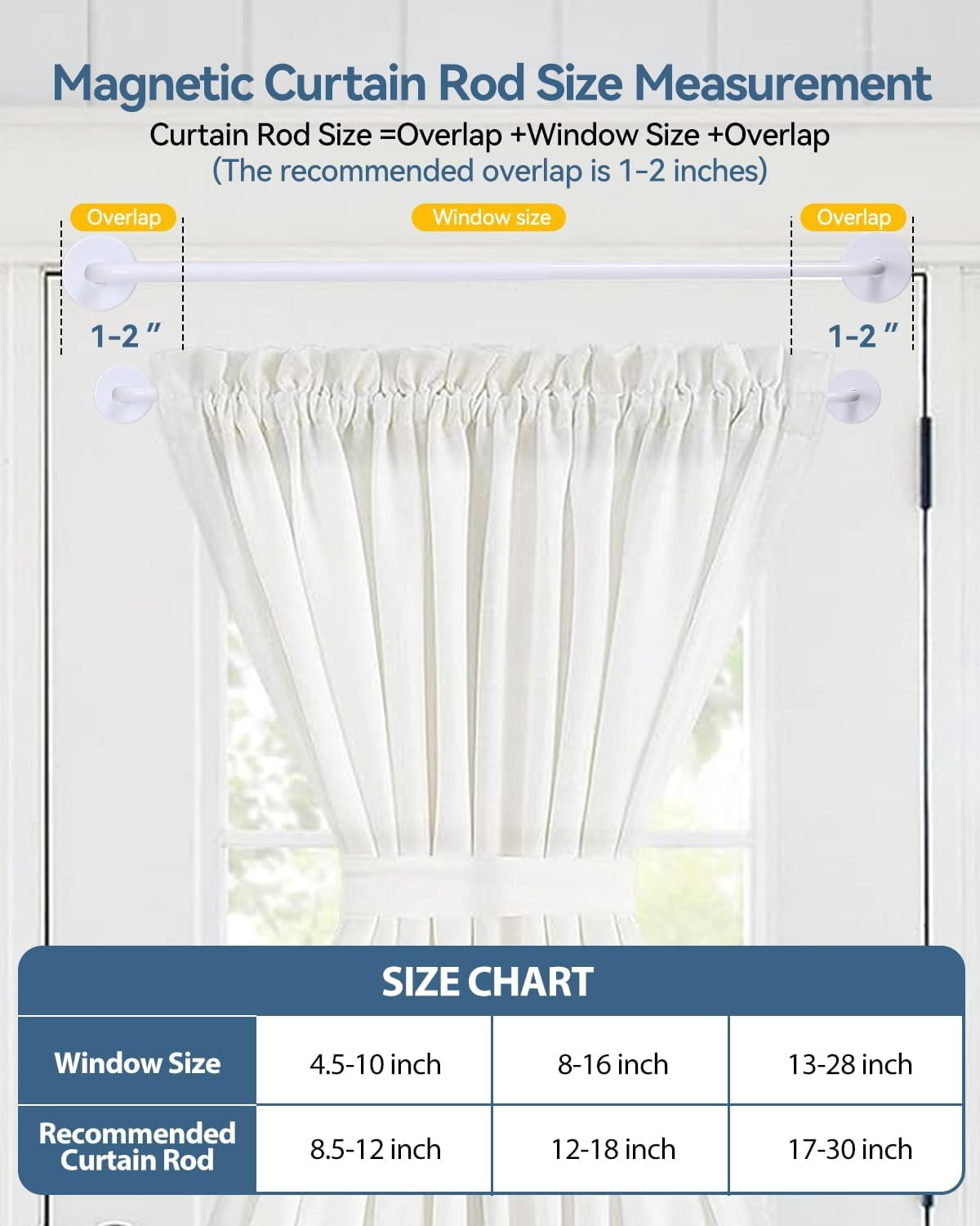 Sparklane -2 Pack Magnetic Curtain Rod for Metal Doors,French Door Magnetic Curtain Rods Adjustable from 18 to 30 Inch,3/8 Inch Diameter, Magnet Cafe Curtains Rod,No Tool and Easy Installation,White