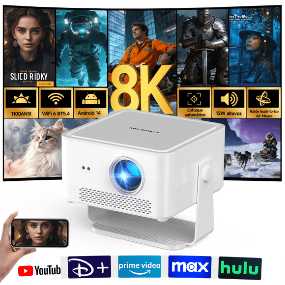 Magcubic 8K Compatible con Proyector Inteligente Android 14 Nativo 1080P con Enfoque Automático, 1100 ANSI, WiFi 6, Estéreo HiFi de 12W, HDR10+, Proporción de Lanzamiento 1.0:1 para Cine en Casa y