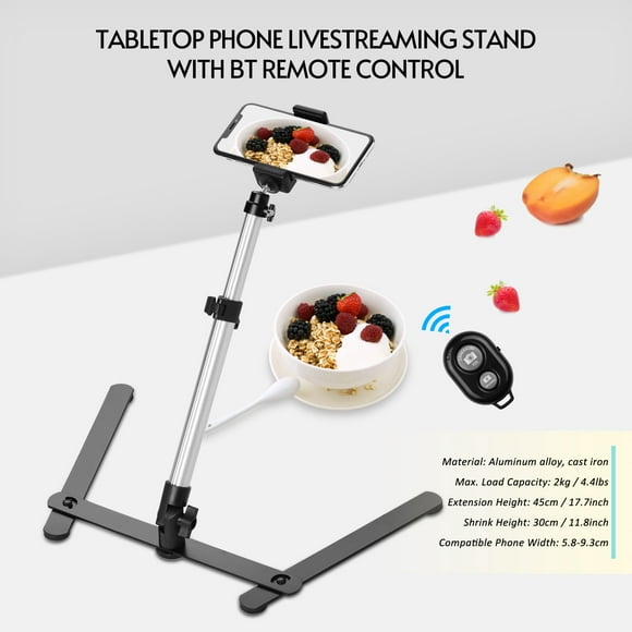Photography Copy Stand Tabletop Phone Livestreaming Stand Kit with Adjustable Phone Holder Remote Control Overhead Phone Mount Stand Tabletop Monopod Stand for 5.8-9.3cm Width Smartphones Max. Load 2k