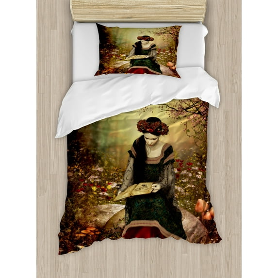 Medieval Duvet Cover Set Twin Size, Lady Sitting on Stone and Reading Book Forest Flowers Grass Trees Medieval Time, Decorative 2 Piece Bedding Set with 1 Pillow Sham, Multicolor, by Ambesonne
