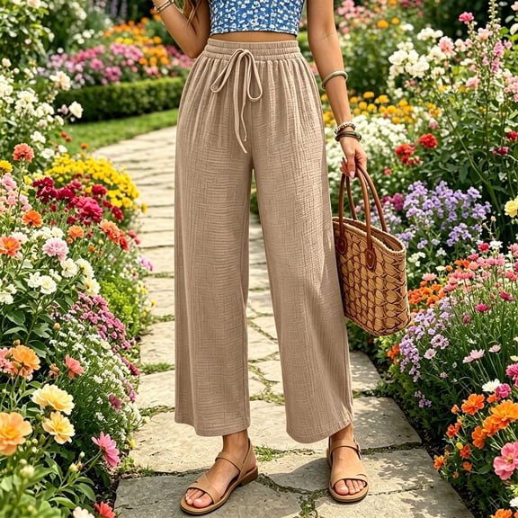 KIHOUT Womens Elastic Waist Capri Pants with Pockets Solid Color Casual Loose Fit Cropped Ankle Length Trousers for Summer Spring Daily Wear