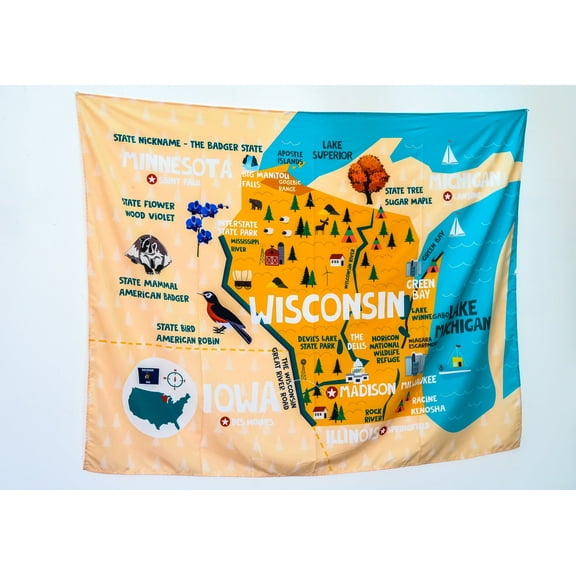 Birdy Boutique Wisconsin State Map Tapestry – 60" x 46" Educational Wall Hanging