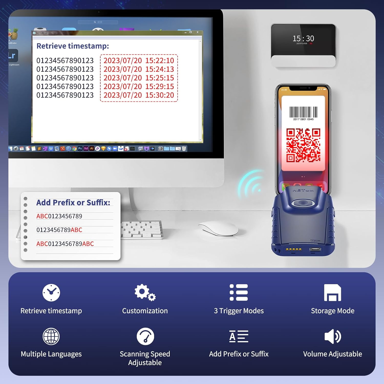 NETUM Bluetooth 2D Barcode Scanner, 3-in-1 Wireless Portable QR Bar Code Reader Work with Tablet Smart Phone for Warehouse Inventory POS-E950 (Blue)