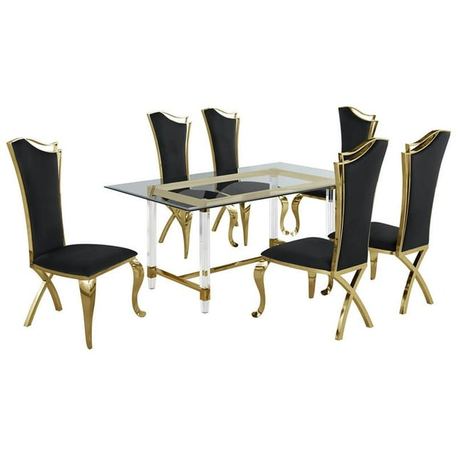 7pc. 68" x 40" Glass Dining Set with 6 Chairs and Gold Stainless Steel
