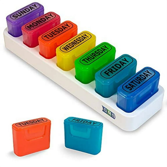 GMS Large 7 Day Travel Pill Pod with Tray - Rainbow Pill Case for Pills, Vitamins and Supplements