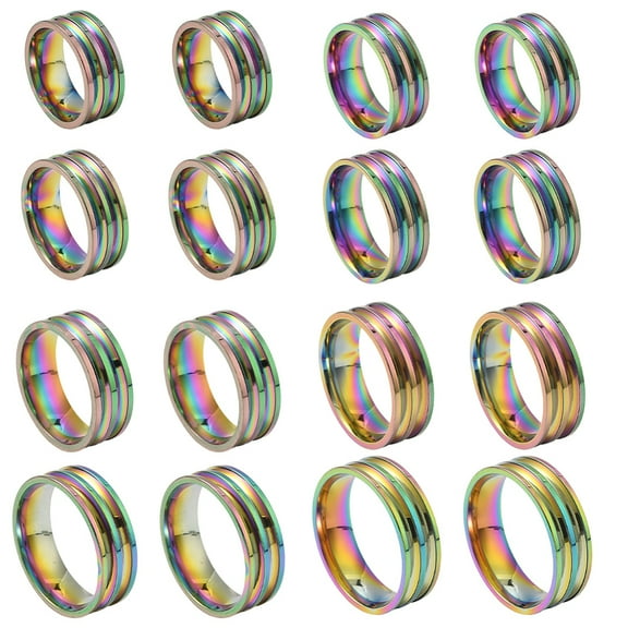 16pcs 8 styles 201 Stainless Steel Double Groove Band Ring for Women Rainbow color Inner Diameter: 16~23mm 2pcs/style