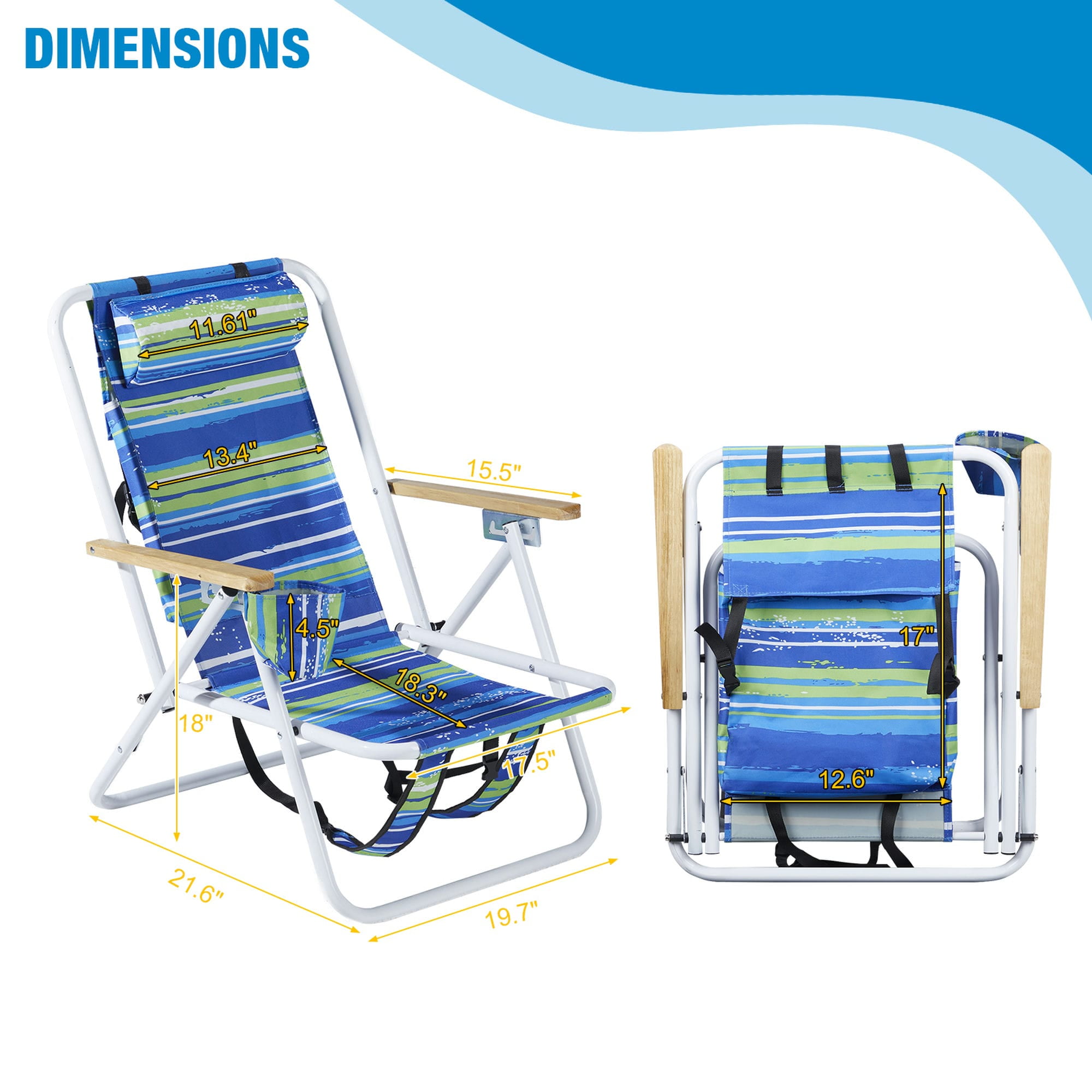 Kepooman Folding Beach Chair, 4 Position Portable Backpack Foldable Camping Chair with Headrest Cup Holder and Wooden Armrests, Blue & Green Stripes Kepooman Folding Beach Chair, 4 Position Portable Backpack Foldable Camping Chair with Headrest Cup Holder and Wooden Armrests, Blue & Green Stripes