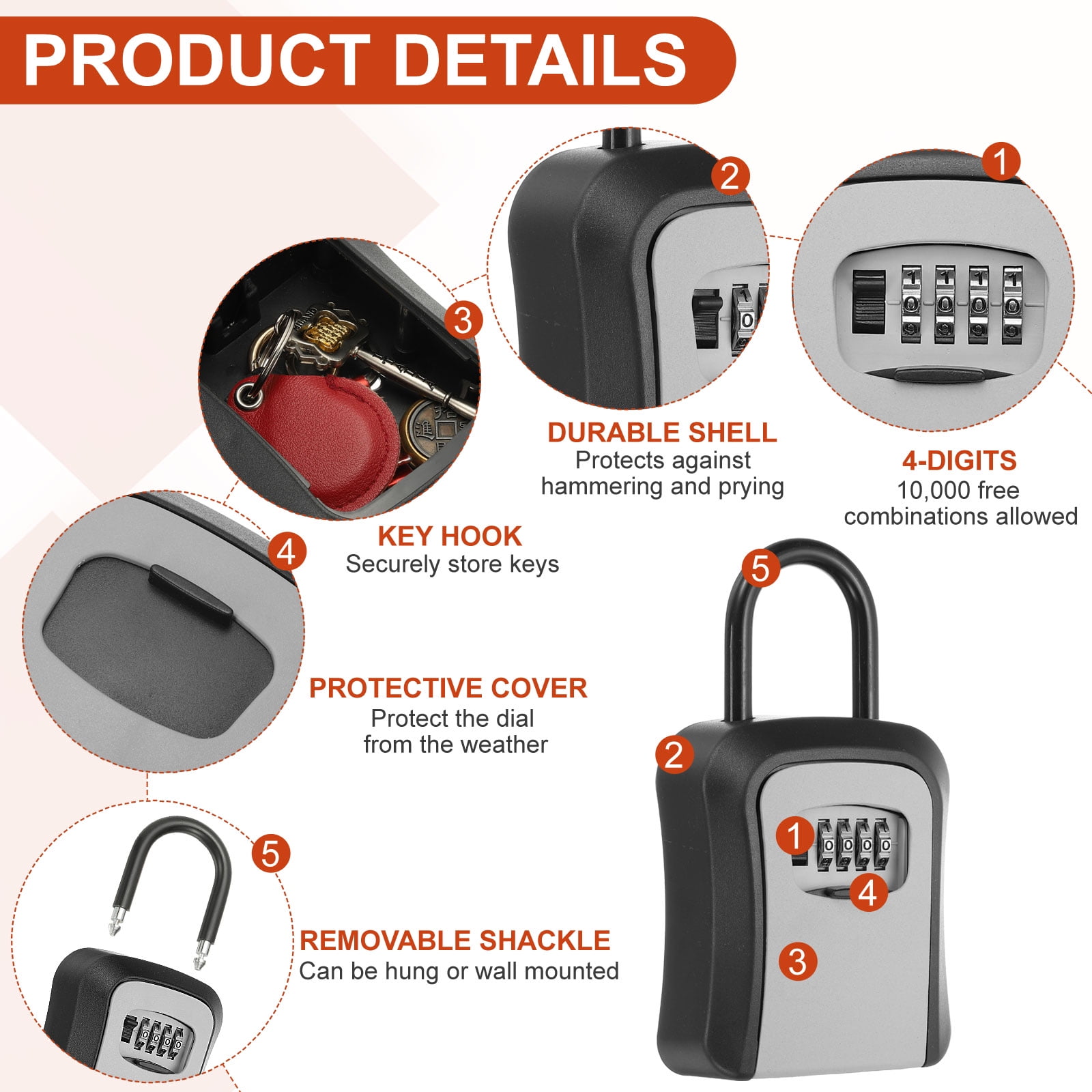 Portable Key Lock Box, 4 Digit Combination Key Lockbox Wall-Mounted Aluminum Alloy Safe Security Lock Gray