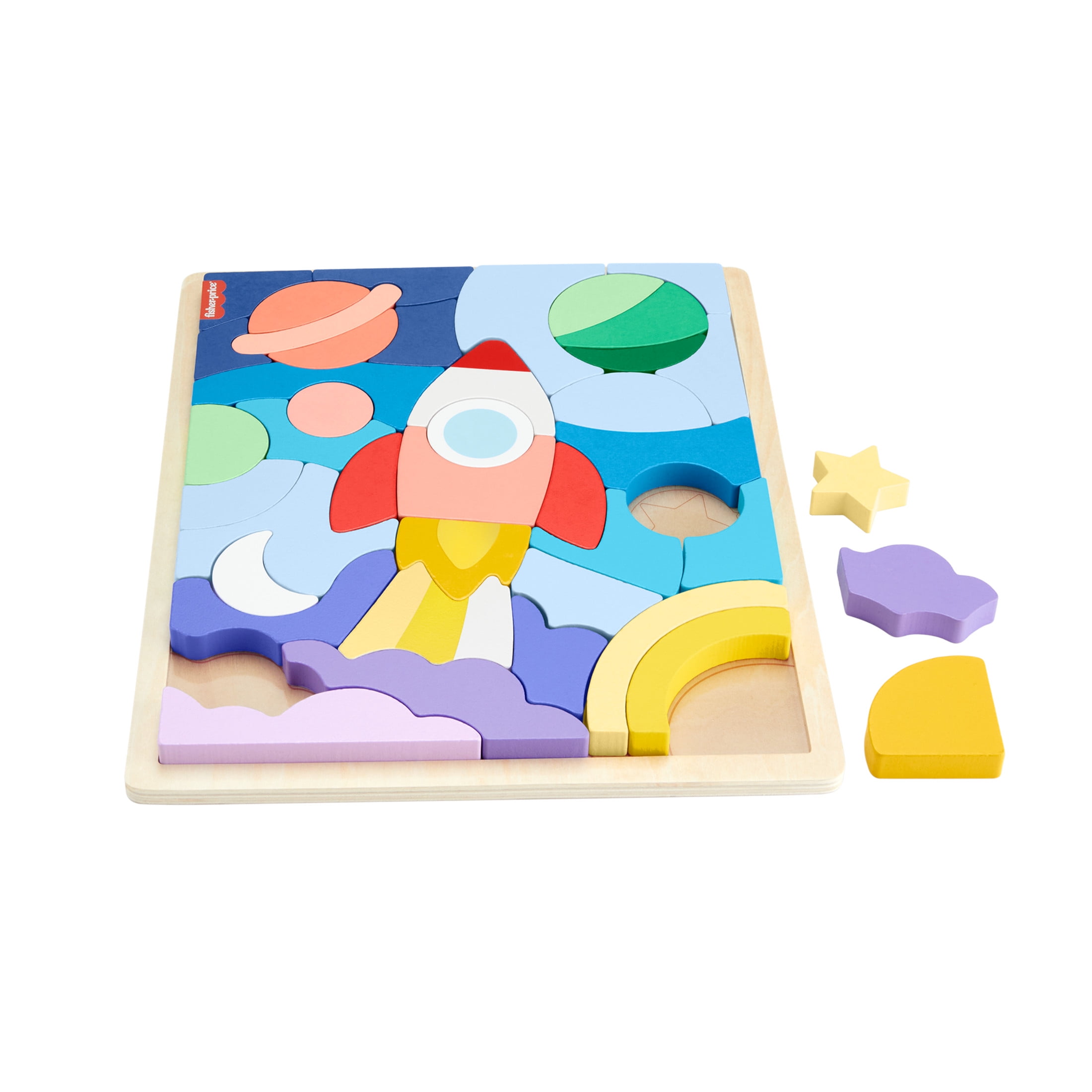Fisher-Price Wooden Space Blocks Jigsaw Puzzle for Preschool Kids, 42 Wood Pieces to Stack & Sort