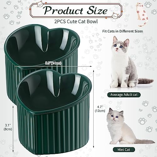 2 Pcs Ceramic Elevated Cat Bowls Tilted Elevated Raised Pet Bowls Anti Vomit Cat Dish for Indoor Stress Free Water Dish Feeder for Puppies, Heart Shaped(Peacock Green)