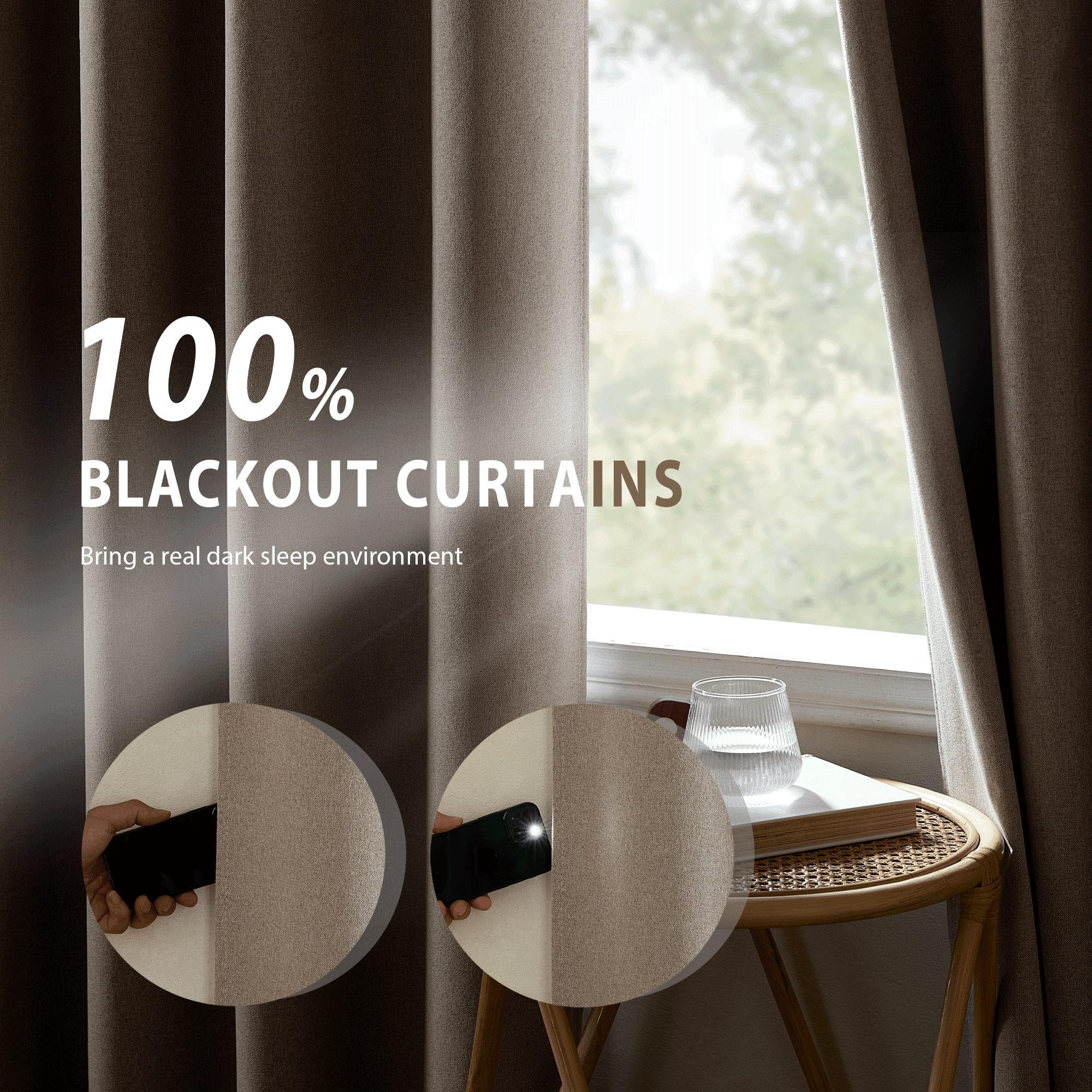 NICETOWN 100% Blackout Linen Curtains, Linen Texture Thermal Insulated Window Curtains Energy Efficient Assure Privacy Grommet Window Treatments for Home Office, Cappuccion, 52"x84", 2 Panels