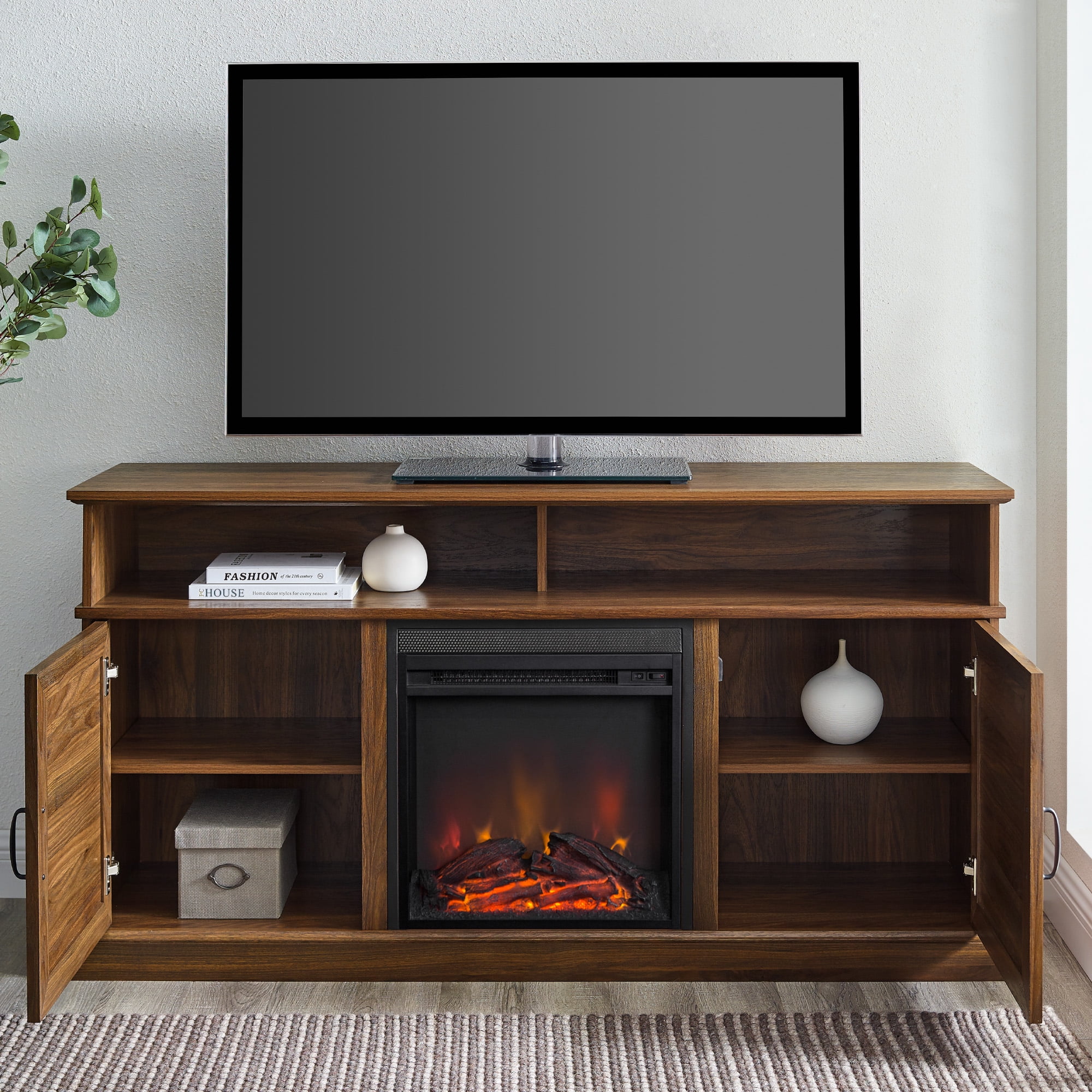 Manor Park Traditional Fluted Door Fireplace TV Stand, Dark Walnut