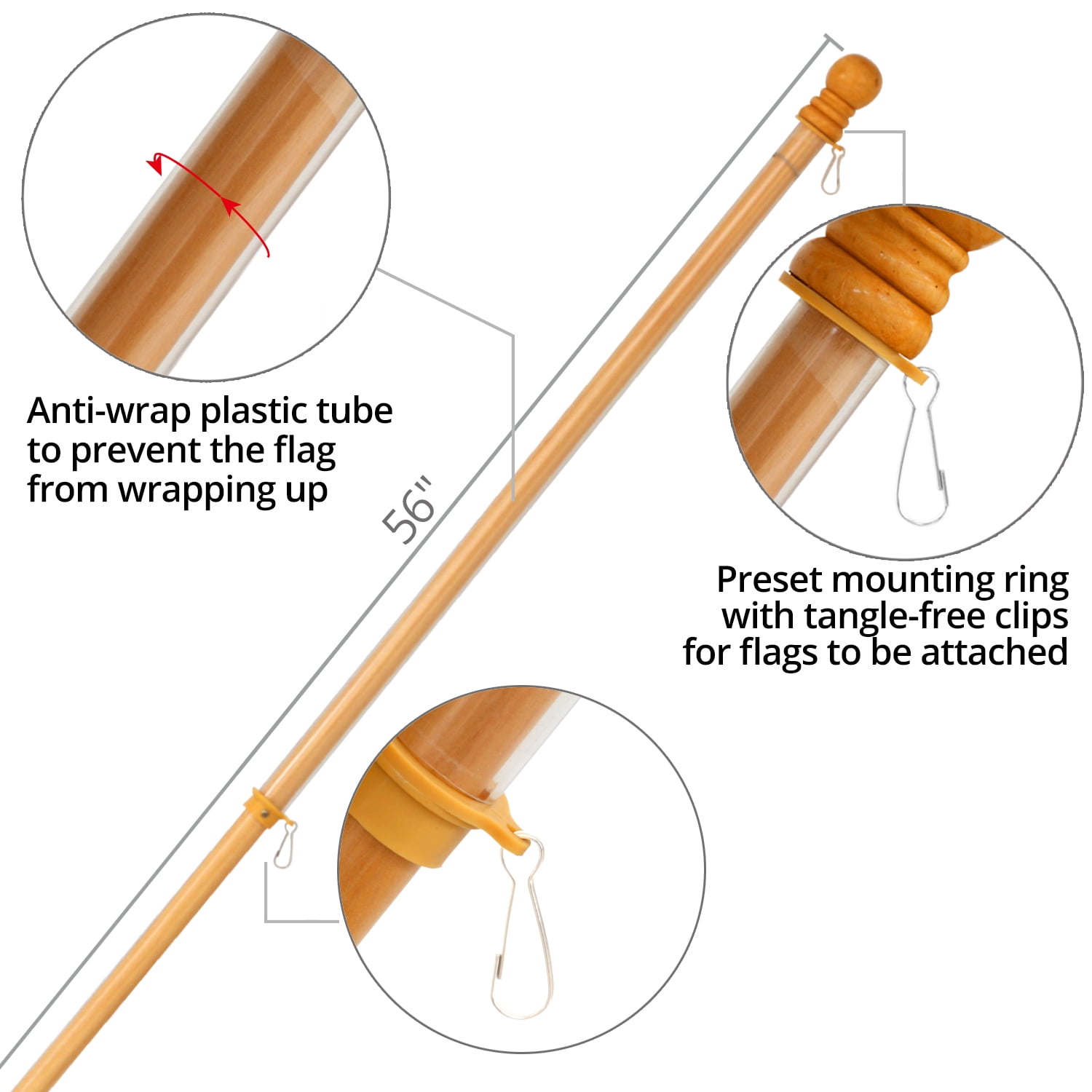 Anley 56" Pine Wooden House Flagpole - for Sleeve House Flags (28" x 40") - Wood Flag Pole with Tangle Free Design, Rotating Rings and Anti-Wrap Tube