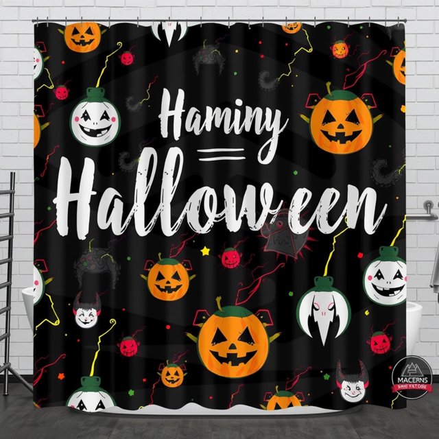 Whimsical Black Halloween Shower Curtain with Handwritten "Haminy Halloween" Design, Lanterns, Spiders & Stars