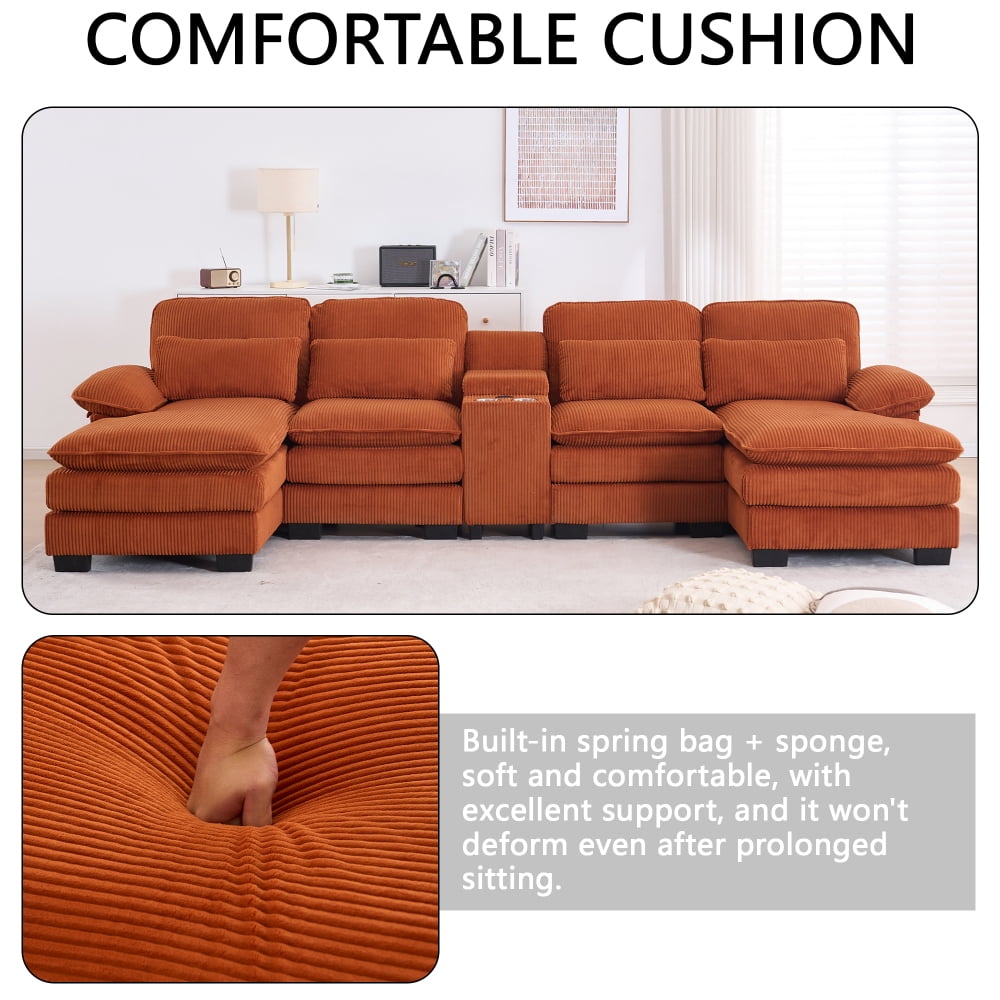 124" U-Shaped Modern Sectional Sofa w/ Console, Cup Holders & Pillows,  Comfortable Seating