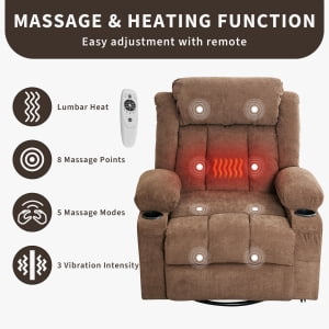 TEQIN Massage Swivel Recliner Chair,Oversized Rocker Recliner with Massage and Lumbar Heat Ergonomic Rocker Chair,Recliner Chairs w/Remote Control, Side Pocket, 2 Cup Holders, USB Charge Port