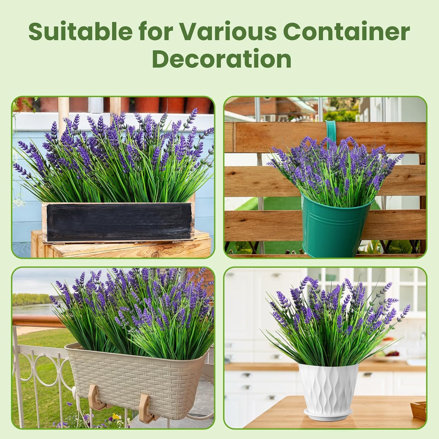 10 Bundles Outdoor Artificial Plants, UV Resistant Fake Monkey Grass, Faux Purple Lavender Flowers, No Fade Plastic Greenery for Pot, Garden, Patio, Porch, Window Box, Home, Hanging Planter